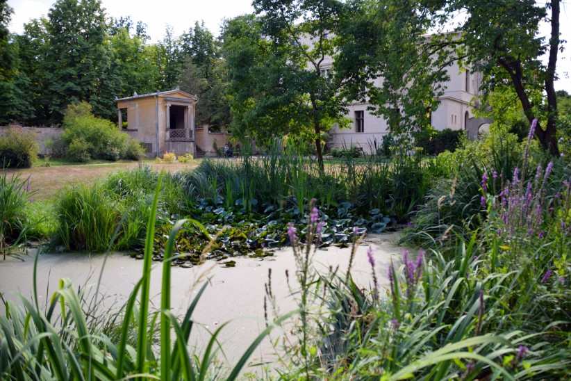 Blick ber den Goldfischteich zum Gartenpavillon und zur Villa Illaire. 